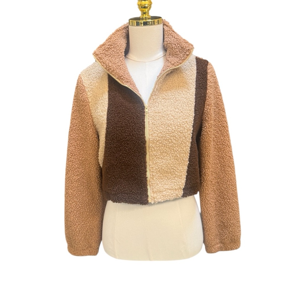 Cider Colorblock Sherpa Teddy Zip Jacket Cropped Brown Tan XS